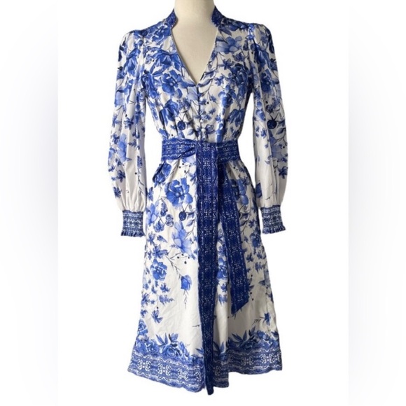 NWOT Alice + Olivia Shanley Blue & White Floral Long Sleeve Belted Dress 4 - Picture 3 of 8
